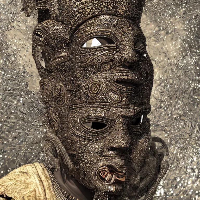 Prompt: hypperrealism octane render portrait by wayne barlow and carlo crivelli and glenn fabry, an afrrican mandinka dancer wearing an elaborate costume and hand - carved mask with intricate painted details emerging from a pool of black shiny ferrofluid inside an ancient roman temple, cinema 4 d, ray traced lighting, very short depth of field, bokeh