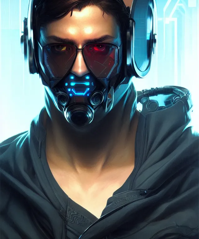 Image similar to Hacker cyberpunk man portrait, highly detailed, digital painting, artstation, concept art, smooth, sharp focus, illustration, art by artgerm and greg rutkowski and alphonse mucha