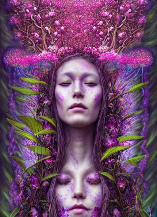 Prompt: psychedelic organic shaman made of orchids and cherry blossom trees and mushrooms, diffuse lighting, fantasy, intricate, subconscious, highly detailed, photorealistic, digital painting, artstation, beautiful woman, concept art, smooth, sharp focus, by john collier and albert aublet, by amanda sage