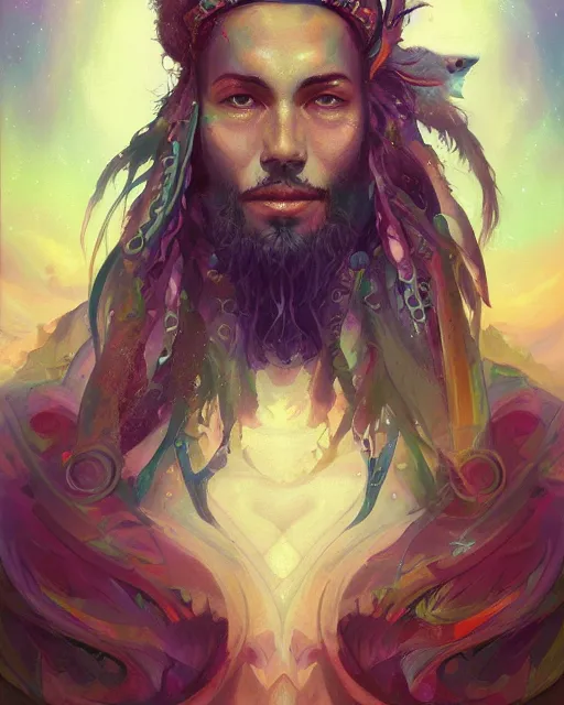 Prompt: beautiful portrait of a psychedelic shaman, by pete mohrbacher and artgerm and wlop, digital art, highly detailed, intricate, fantasy, mystical, Trending on Artstation HQ, deviantart, unreal engine, 4K UHD image