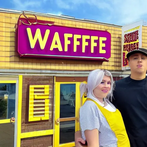 Image similar to wafflehouse employee's standing below wafflehouse sign