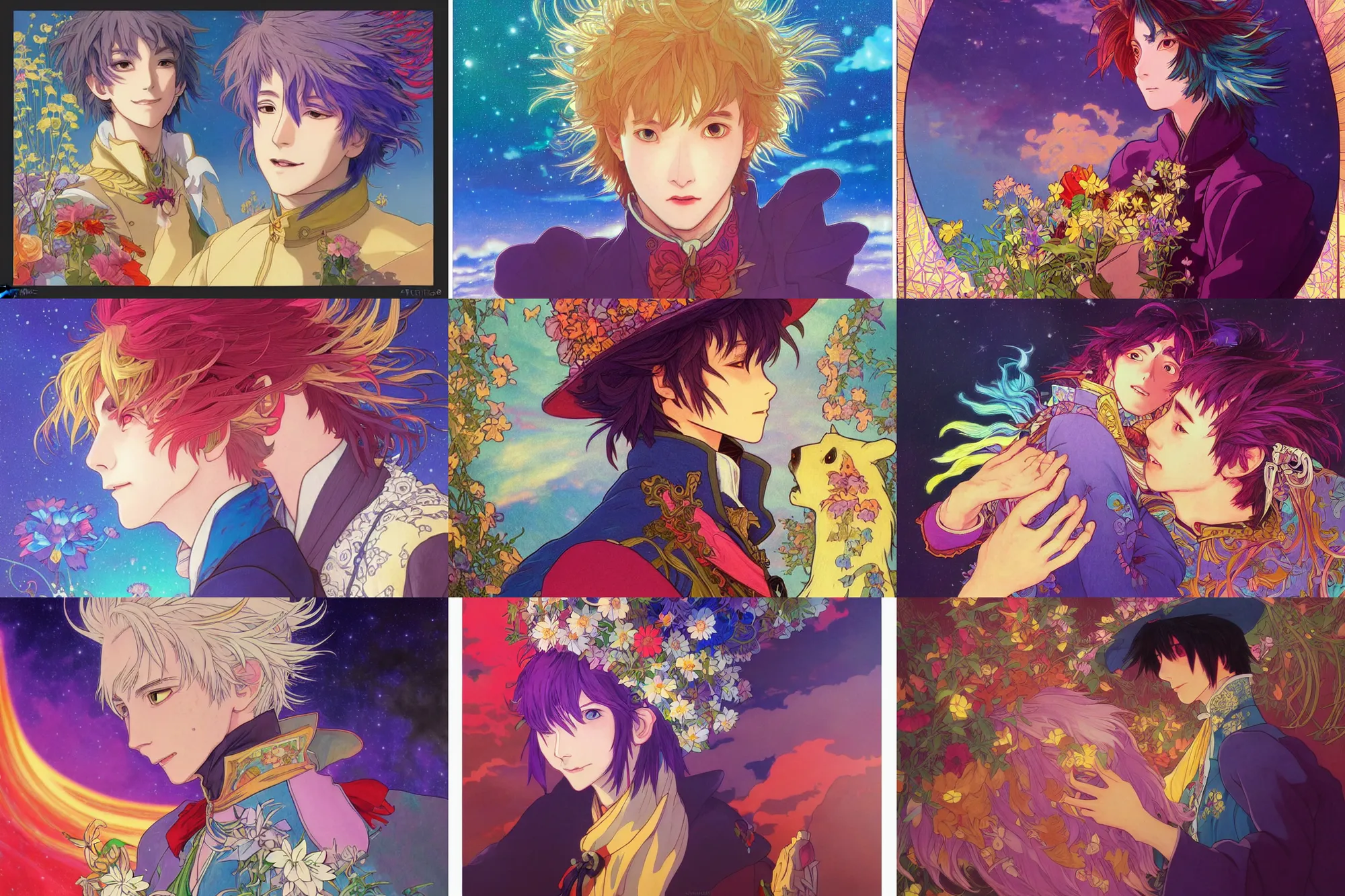 Prompt: colorful prince, howl from howls moving castle, night, japan, 4 k, ultra realistic, beautiful colors, epic lighting, flowers, high detail, masterpiece, trending on artstation by artgerm and akihito tsukushi and alphonse mucha, crayons