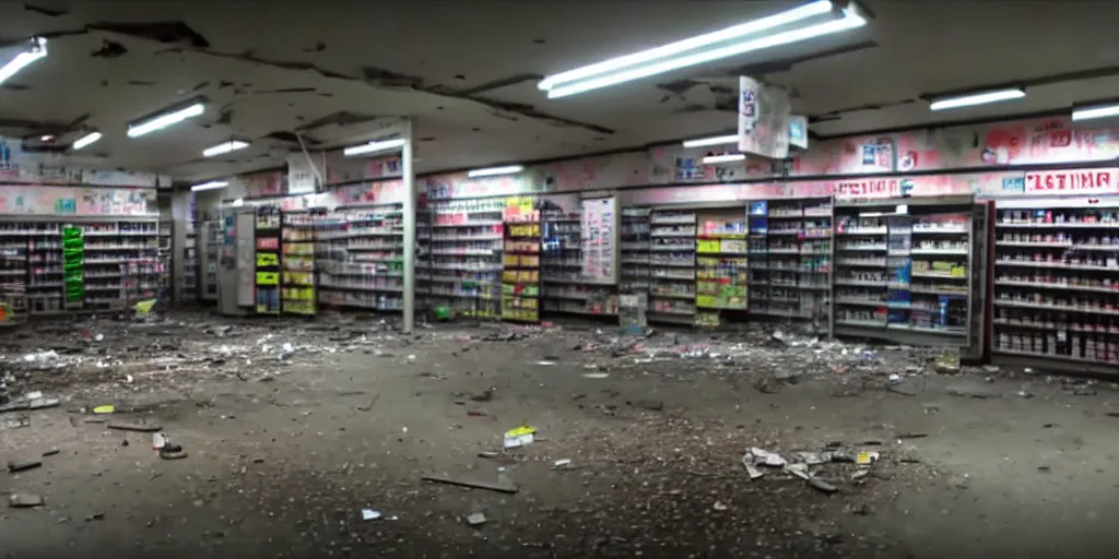 Prompt: abandoned replicant factory in a convenience store, damaged camcorder video