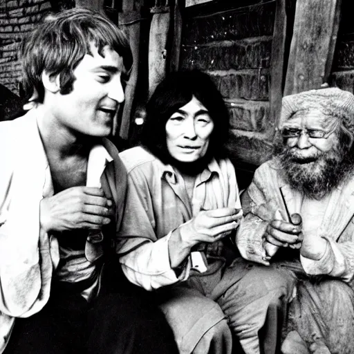 Prompt: john lennon and yoko ono smoking with an old nepali man from 1970s era, vintage photograph