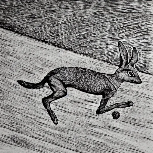 Image similar to bold etching of a jackrabbit running downward