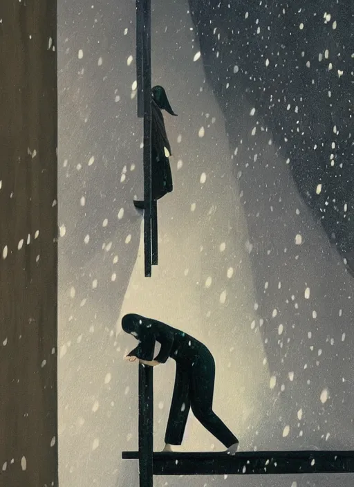 Prompt: woman in black suite climbing ladder to the hole in the sky, snowing night by Edward Hopper and James Gilleard, Zdzislaw Beksinski, Katsuhuro Otomo highly detailed