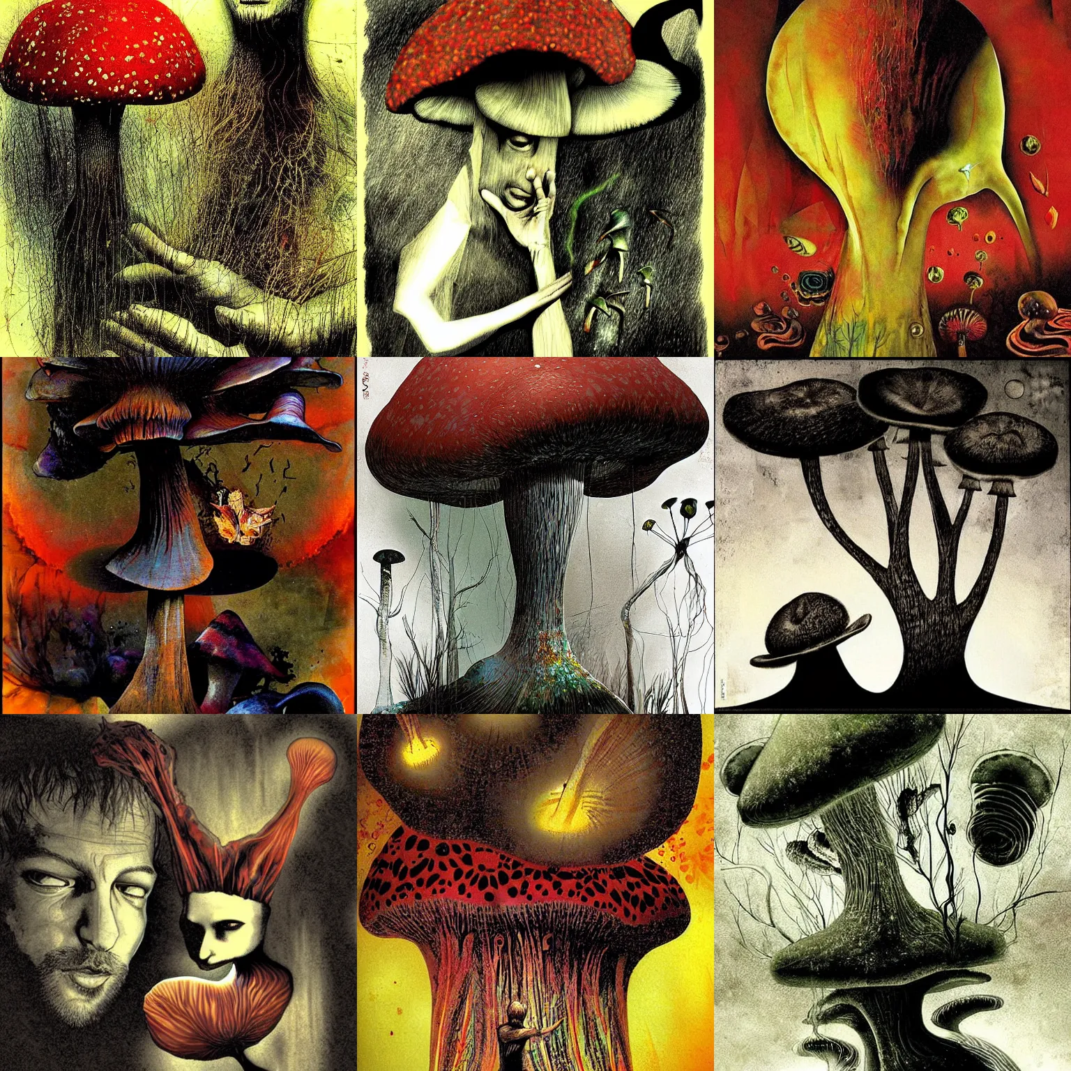 Prompt: psychedelic mushrooms psilocybin dream, no fears, okay one fear, by dave mckean