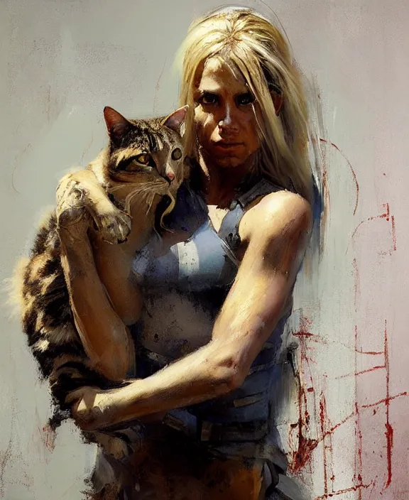 Image similar to blonde greek warrior holding a cat by jeremy mann