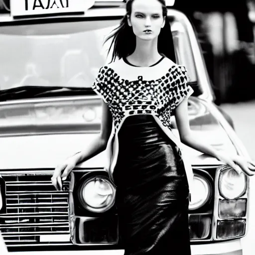 Image similar to close up of a fashion model standing in front of a taxi, vogue magazine editorial, highly detailed