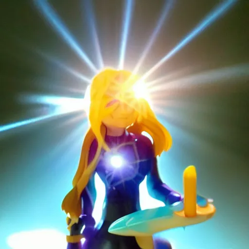 Image similar to cute pvc figure of a powerful sorceress bringing the power of the sun down on her foes, lens flare, chromatic aberration, motion blur