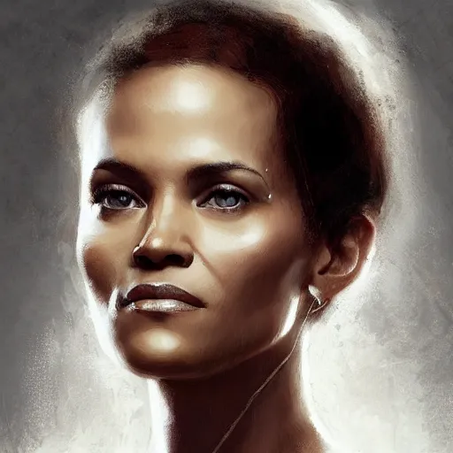 Image similar to maci holloway in a political meeting, first woman elected as president in usa, cold but beautiful, about 3 5 years old, highly detailed, mix of halle berry and julia roberts, gong li, olga kurylenko, artstation hd, deviantart, by artgem, greg rutkowski