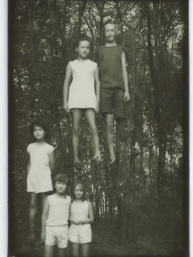 Image similar to a boy and a girl posing for a picture, a strong light behind them, at night, some trees in the background, old polaroid