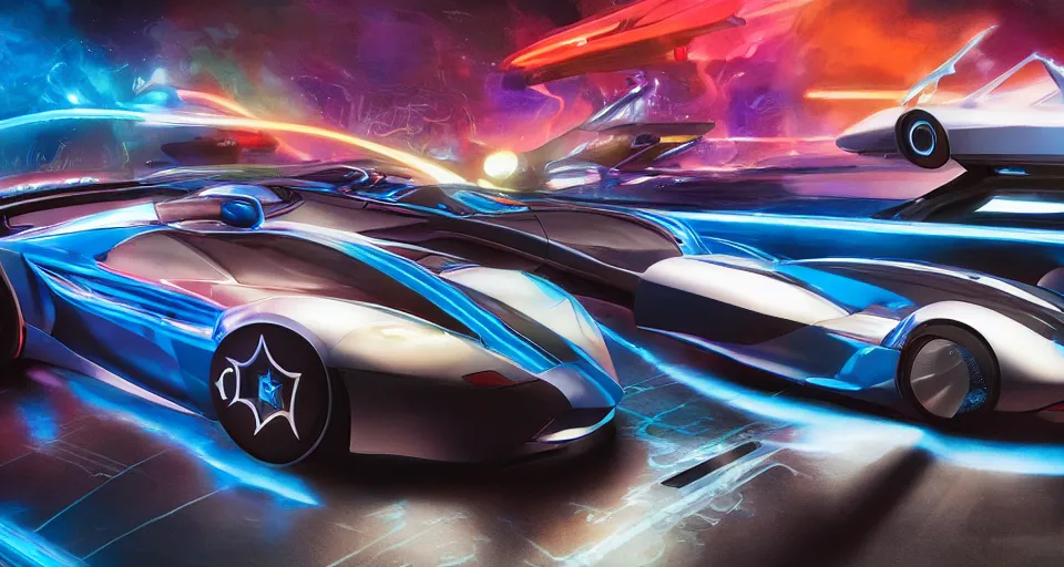 Image similar to dream tron tesla light cycle race, hot wheels, overhead view, octane, raytrace, syd mead, artgerm, jim lee,