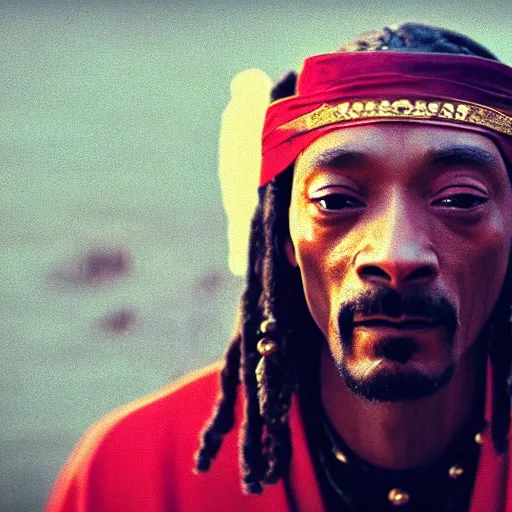 Image similar to cinematic film still of Snoop Dogg starring as a Samurai holding fire, Japanese CGI, VFX, 2022, 40mm lens, shallow depth of field, film photography
