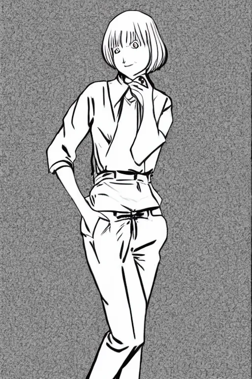 Image similar to portrait of a girl in long pants and a top, hands in pockets, eyes closed, bob haircut, digital art, black and white, lineart by junji ito and kaoru mori