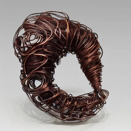 Image similar to a very beautiful tiny ( ( ( ( human heart ) ) ) )!!!!!!!!!!!!!!!!!!!!!!!!! organic sculpture made of copper wire and threaded pipes, very intricate, curved. studio lighting, high resolution, high quality, black background