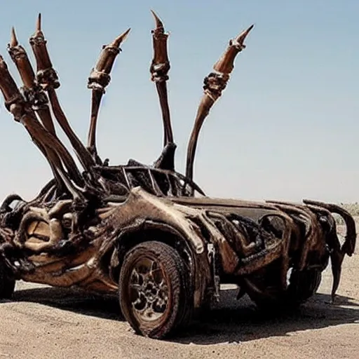 Image similar to mad Max car made out of bones horns and shells