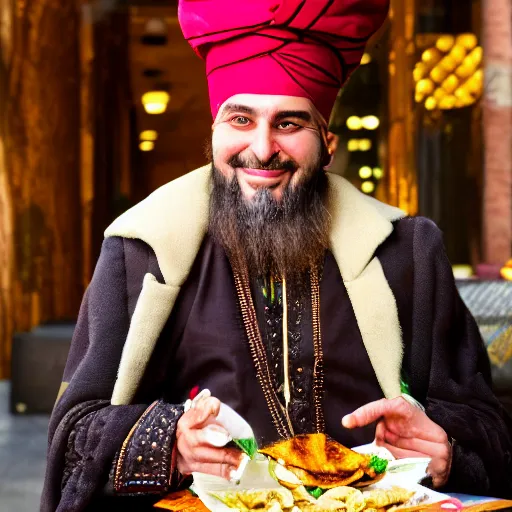 Prompt: Sultan Süleyman eating shawarma in Downtown New York, wearing big ovular turban and a luxurious Ottoman coat, gold rings and ruby crystals around finger, Ottoman Sultan, smile, cheerful, expressive, photorealistic, hyperrealism, HDR Shot, 16k