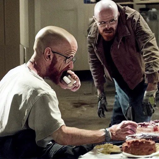 Prompt: walter white eating jesse pinkman alive in the walking dead