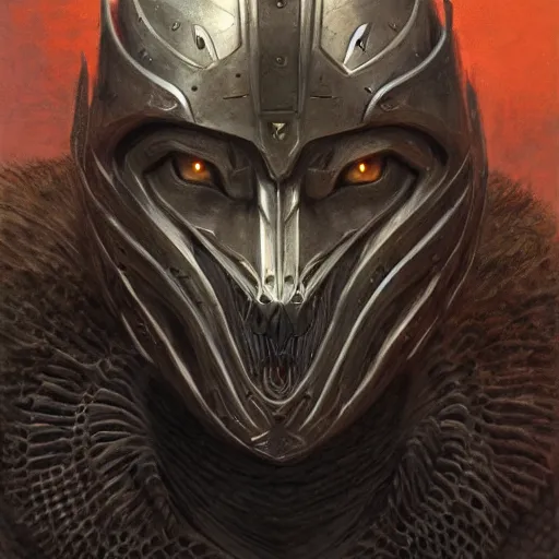 Image similar to daedric armor, realistic face anthropomorphic wolf, realistic visible face, in daedric armor, stuning 3 d render, masterpiece, glowing aura, by donato giancola and greg rutkowski and wayne barlow and zdzisław beksinski