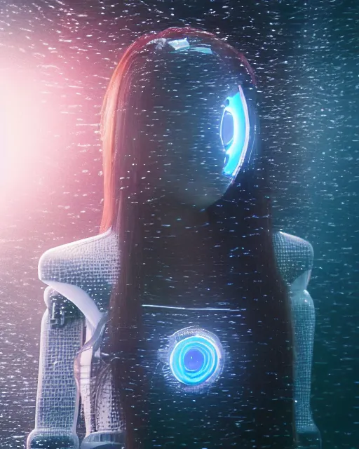 Image similar to beautiful centered photo portrait of hoyeon jung as a solarpunk robotic humanoid with white mechanical parts with bright halogen lights, walking through calm water, ultra - realistic and detailed, foggy background, sunset lighting, soft focus, slow exposure hdr 8 k