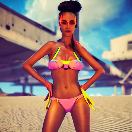 Prompt: cyberpunk neon bikini babe, beautiful, breath taking, award winning, perfect, symmetrical, environment futuristic beach, octane render, 8 k, full clarity, hd