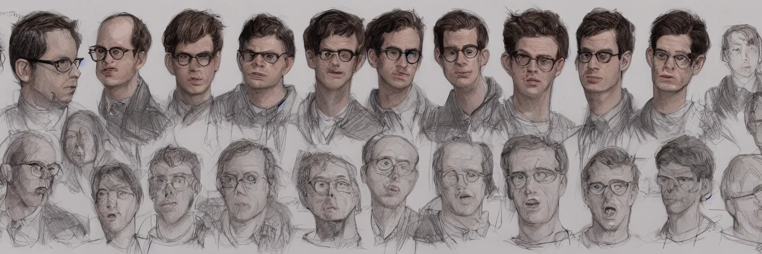 Prompt: character study of todd solondz and andrew garfield, 2 0 2 2, clear faces, emotional, character sheet, fine details, concept design, contrast, kim jung gi, pixar and da vinci, trending on artstation, 8 k, full body and head, turnaround, front view, back view, ultra wide angle