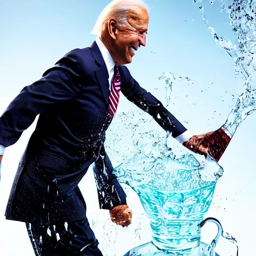 Image similar to joe biden splashing into a pitcher of water, food photography gourmet, trendy food, macro photography, high contrast, slow - mo high speed photography