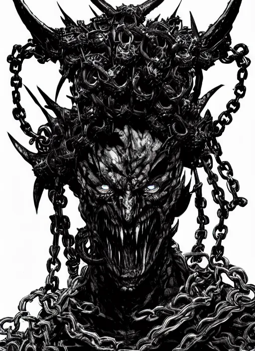 Image similar to scary demon man with twisted face, horns, armour made of chains. in style of yoji shinkawa and hyung - tae kim, trending on artstation, dark fantasy, great composition, concept art, highly detailed, dynamic pose.