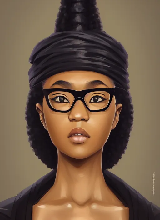 Prompt: attractive female portrait of african ninja, with glasses on, with afro, deep black background, rule of thirds, uplight, intricate, symmetrical!!, anime, prism highlights, depth of field, cinematic, filmic, vsco, concept art, artstation, digital painting, elegant, epic, focus