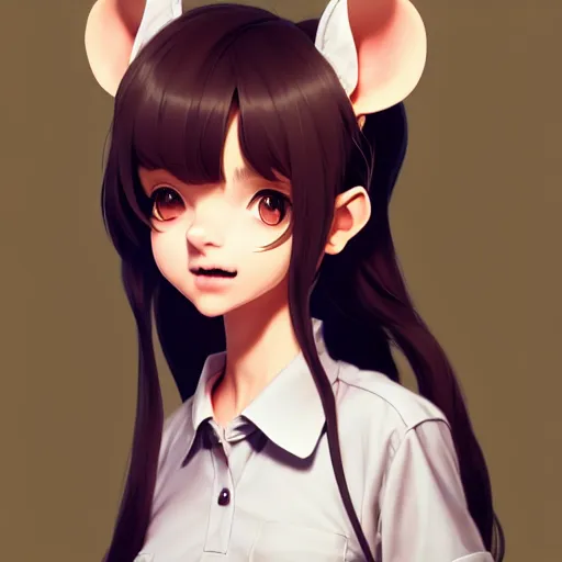 Prompt: character design portrait of a cute anthropomorphic furry rat girl with rat ears, long brown hair, wearing a shirt, looking at the camera, 4 k, concept art, by wlop, ilya kuvshinov, artgerm, krenz cushart, pixiv.