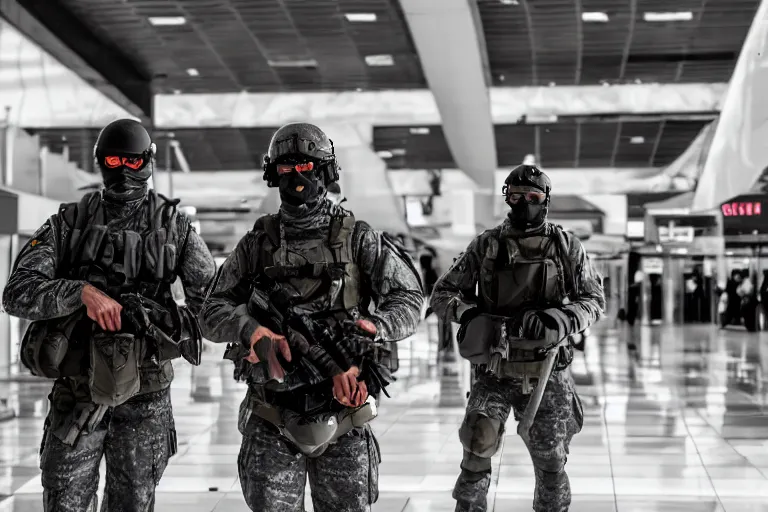 Prompt: Mercenary Special Forces soldiers in grey uniforms with black armored vest and black helmets fighting inside an airport in 2022, Canon EOS R3, f/1.4, ISO 200, 1/160s, 8K, RAW, unedited, symmetrical balance, in-frame, combat photography