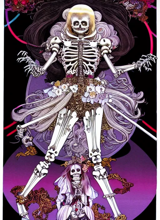 Image similar to highly detailed terada katsuya artstation ayami kojima manga poster of princess mechine as fanged vampire skeleton, rainbow gradient reflection, long hair, armor, dress, laces, ruffles, 8 k, maximalist,, jump comics, tomer hanuka, alphonse mucha