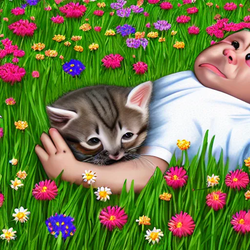 Image similar to hungarian prime minister orban viktor laying on a field of flowers, surrounded by cute kittens, highly detailed illustration, hyper realistic, 4 k