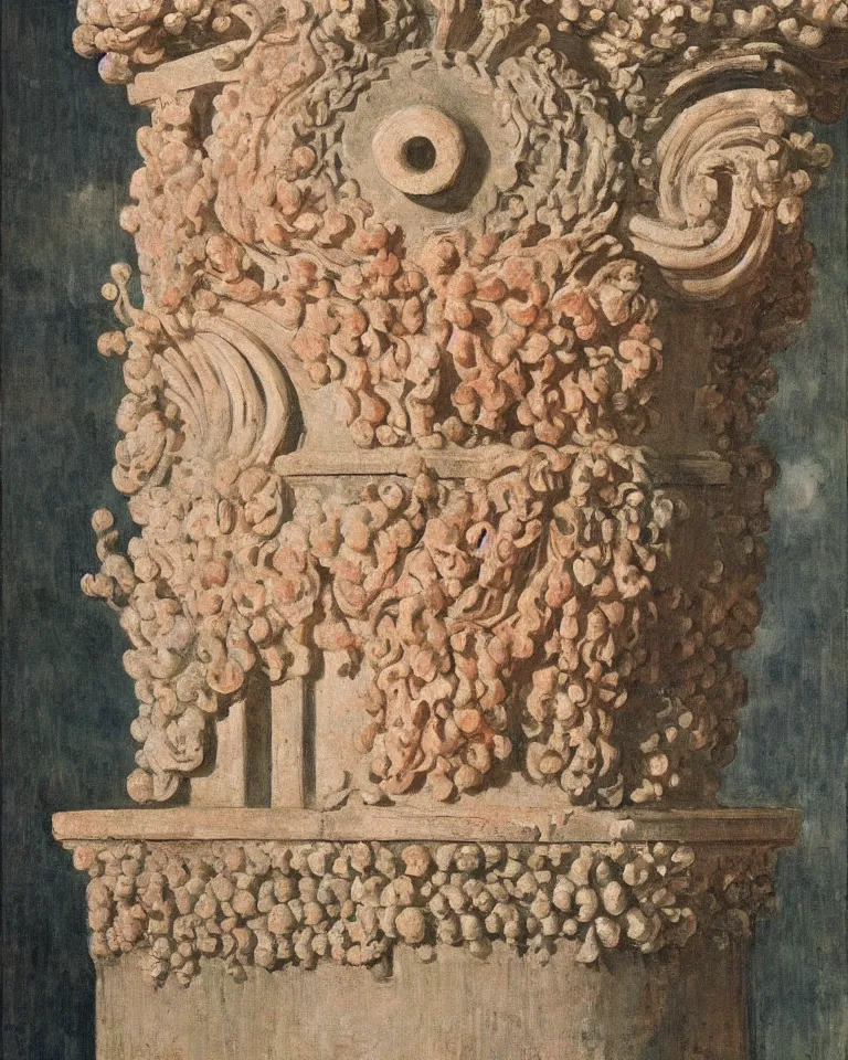 Image similar to achingly beautiful painting of intricate ancient roman corinthian capital on coral background by rene magritte, monet, and turner. giovanni battista piranesi.