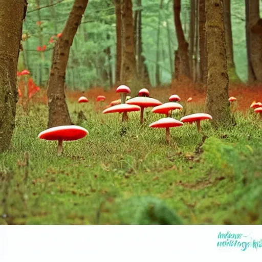 Prompt: magical forest covered with fly agaric, there is a fox with two cubs, light magical fog