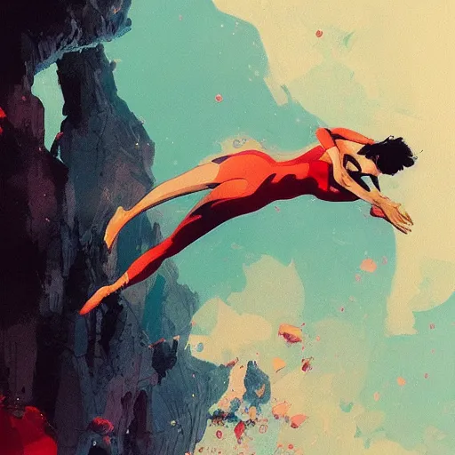 Image similar to a ultradetailed beautiful panting of a woman diving away from the viewer, by conrad roset, greg rutkowski and makoto shinkai, trending on artstation