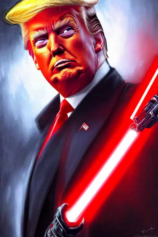 Image similar to Donald Trump as a Sith from Star Wars, red light saber, realistic portrait, symmetrical, highly detailed, digital painting, artstation, concept art, smooth, sharp focus, cinematic lighting, art by artgerm and greg rutkowski and alphonse mucha