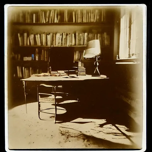 Image similar to 1880, inside a writer room, many books, piles of books, beautiful light, long shadows, 50 mm lens, polaroid photo, yellowed, crackles, scratches, dust, stains