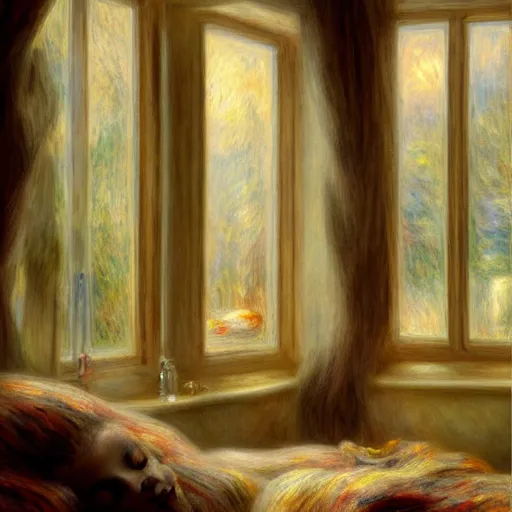 Image similar to on a rainy day, someone sits in bed, curled up under the covers, looking out the window, artstation, extremely detailed, intricate, cinematic lighting, art by pierre - auguste renoir