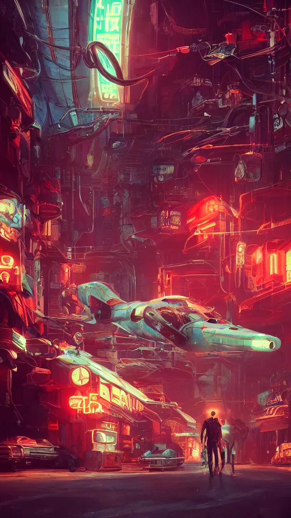 Prompt: concept art, retro - futurist steampunk pilots hang out, octane render, artstation, dramatic neon lighting, reflections, glowing imperial motifs, red turquoise accents, bladerunner, by gerald brom, james jean, syd mead, akihiko yoshida, cinematic