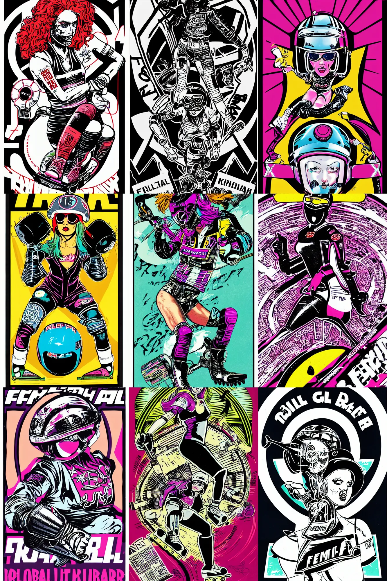 Prompt: fem-fatal roller derby girl portrait, logo, wearing skating helmet, wearing knee and elbow pads, winning, Philippe Caza, 3 colour print