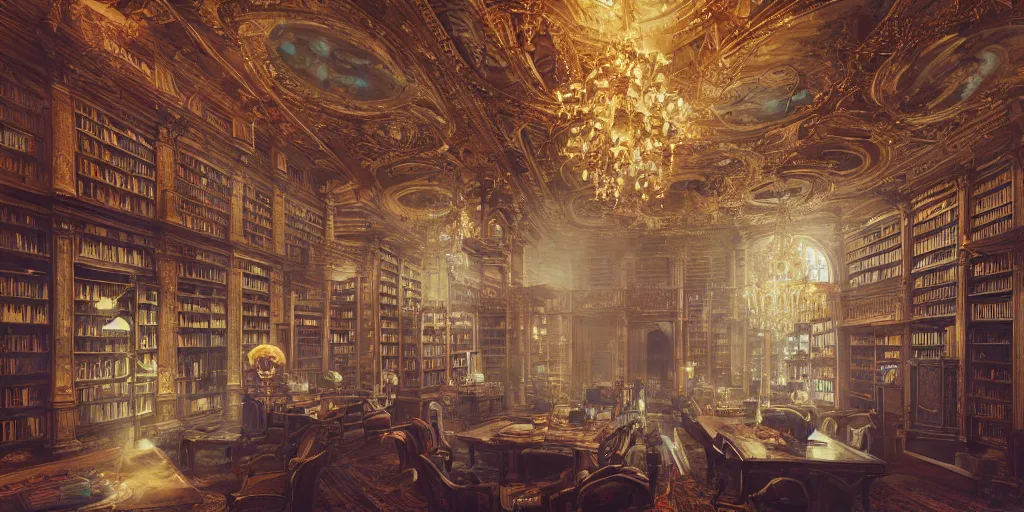 Prompt: library, 8K, trending on Artstation, volumetric light, lightrays, smoke, cinematic, atmospheric, octane render, insanely detailed and intricate, hypermaximalist, elegant, ornate, luxury, elite, by James Jean, by Brian Froud, hyper realistic, super detailed