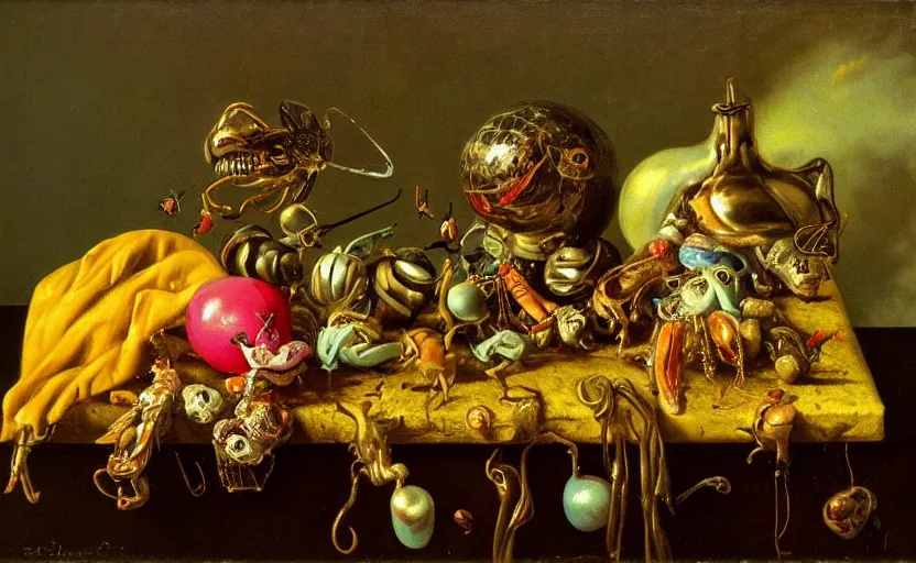 Image similar to disturbing colorful oil painting dutch golden age vanitas still life with bizarre objects strange gooey surfaces shiny metal bizarre insects rachel ruysch dali todd schorr very detailed perfect composition rule of thirds masterpiece canon 5 0 mm, cinematic lighting, photography, retro, film, kodachrome