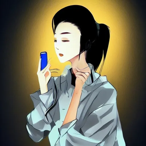 Prompt: a woman holding a cell phone up to her face, a picture by lu ji, tumblr, aestheticism, stylish, elegant, anime aesthetic
