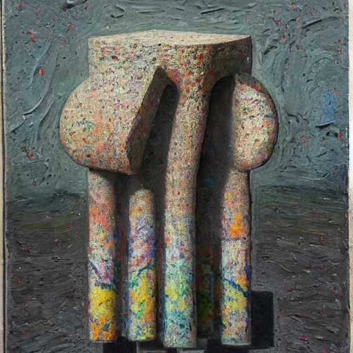 Image similar to detailed impasto painting by shaun tan and louise bourgeois of an abstract forgotten sculpture by ivan seal and the caretaker