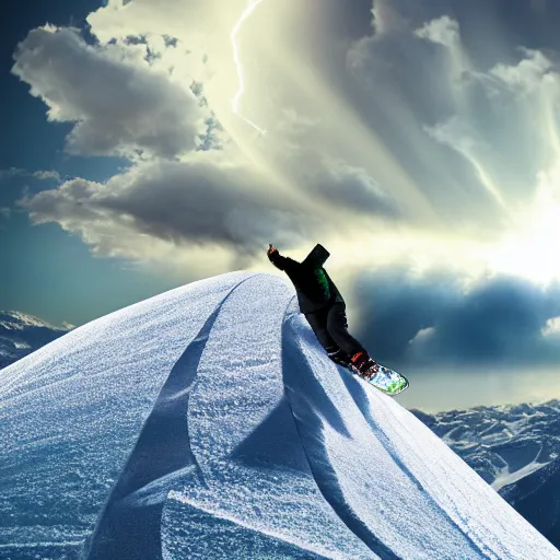 Prompt: jesus snowboarding on puffy volumetric clouds, volumetric illumination, dramatic lightning, 3 d, cinematic, 8 k