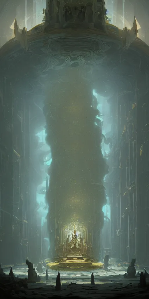 Image similar to Detailed Interior of the Jupiter gaseous throne room, curling gas, light shafts, glowing throne, stunning atmosphere, in Style of Peter Mohrbacher, cinematic lighting