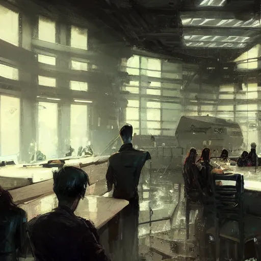 Image similar to concept art by greg rutkowski, a very tall, and slender man with short black hair, sitting with the crew in the ship's dining room, brutalist futuristic interior, dark lighting atmosphere, detailed portraits, nostalgic atmosphere, scifi, digital painting, artstation, concept art, smooth, sharp foccus ilustration, artstation hq