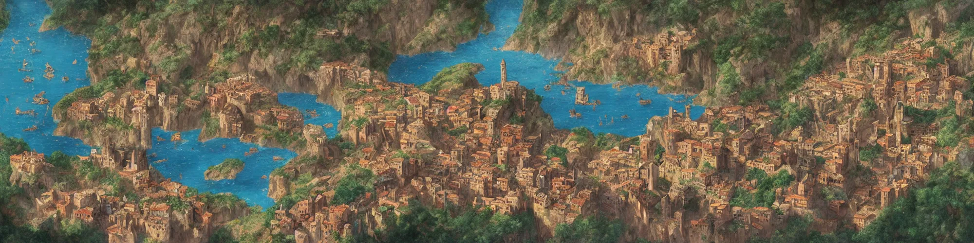 Prompt: Aerial map of a medieval italian city on top of a giant waterfall, D&D, fantasy, brightly colored buildings, highly detailed, digital painting, artstation, smooth, sharp focus, illustration, art by greg rutkowski studio ghibli, cinematic,